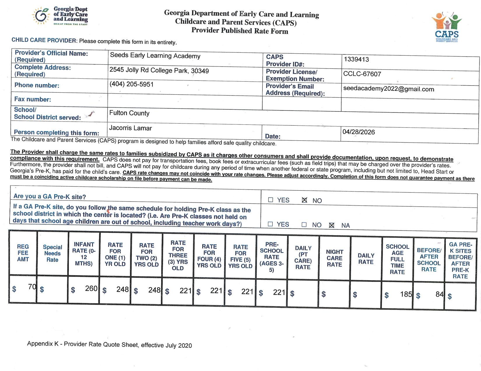 CAPS Rate Sheet
