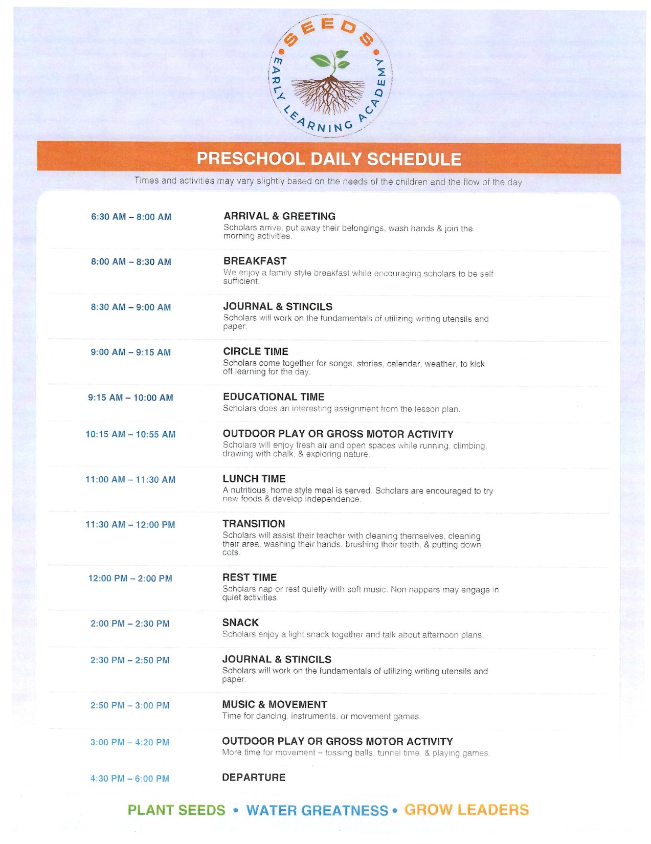 Preschool Daily Schedule
